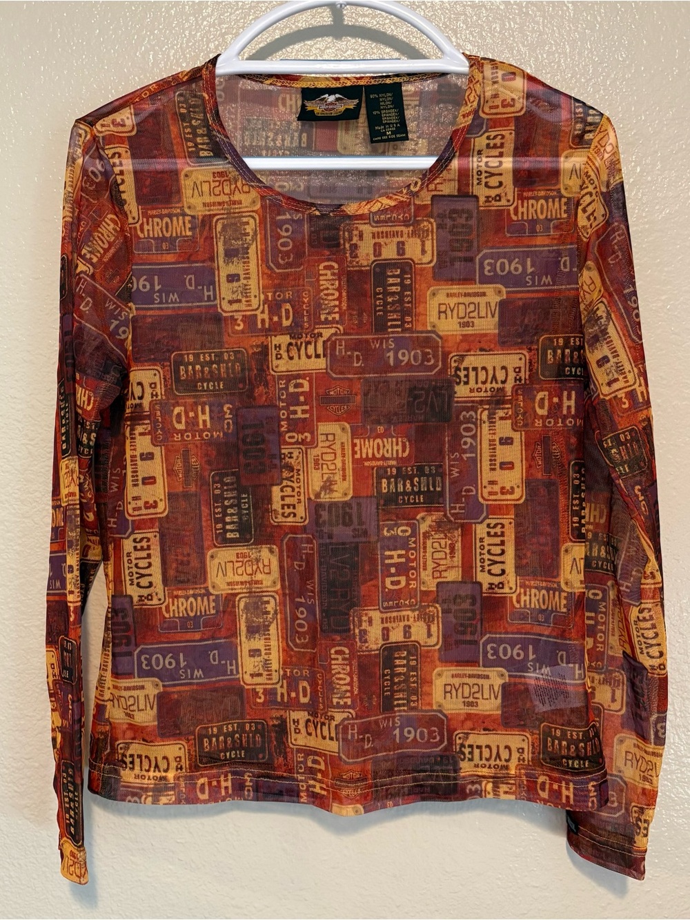Vtg Harley Davidson License Plate Mesh Top Sheer Long Sleeve Biker Grunge Y2K M